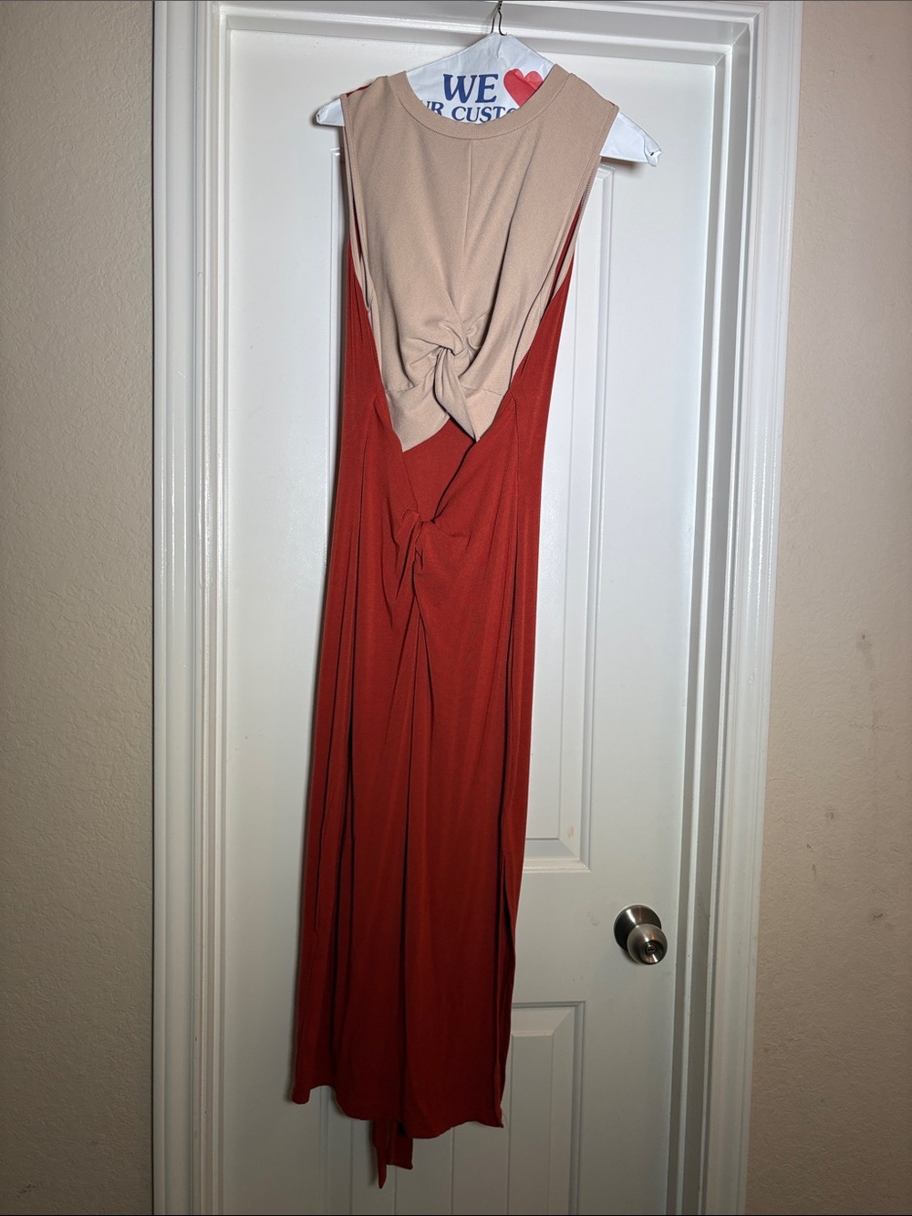 Sleeveless Twist-Front Two-Tone Maxi Dress - Rust & Beige